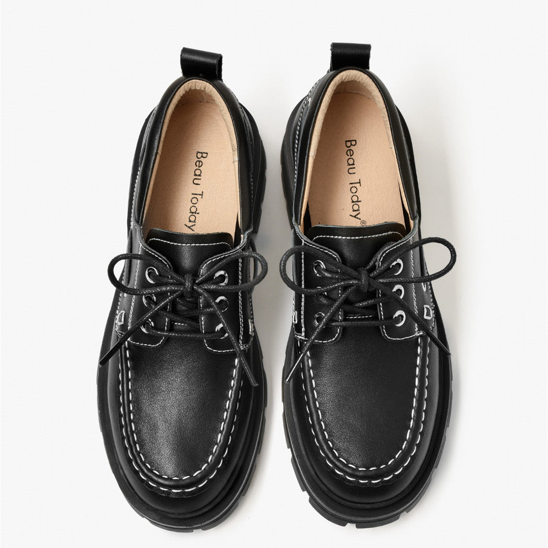 Women's British Style Soft Leather Platform Flats