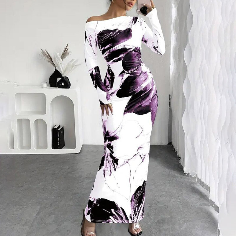 Women's Elegant Off-Shoulder Tie-Dye Floral Bodycon Dress