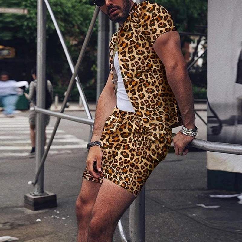 Men's Leopard Print Lapel Short Sleeve Set