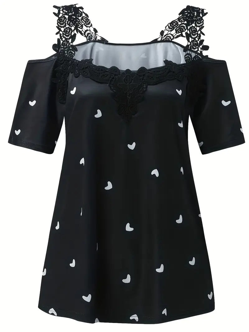 Summer Short-sleeved Lace Heart Print T-shirt Women's Top