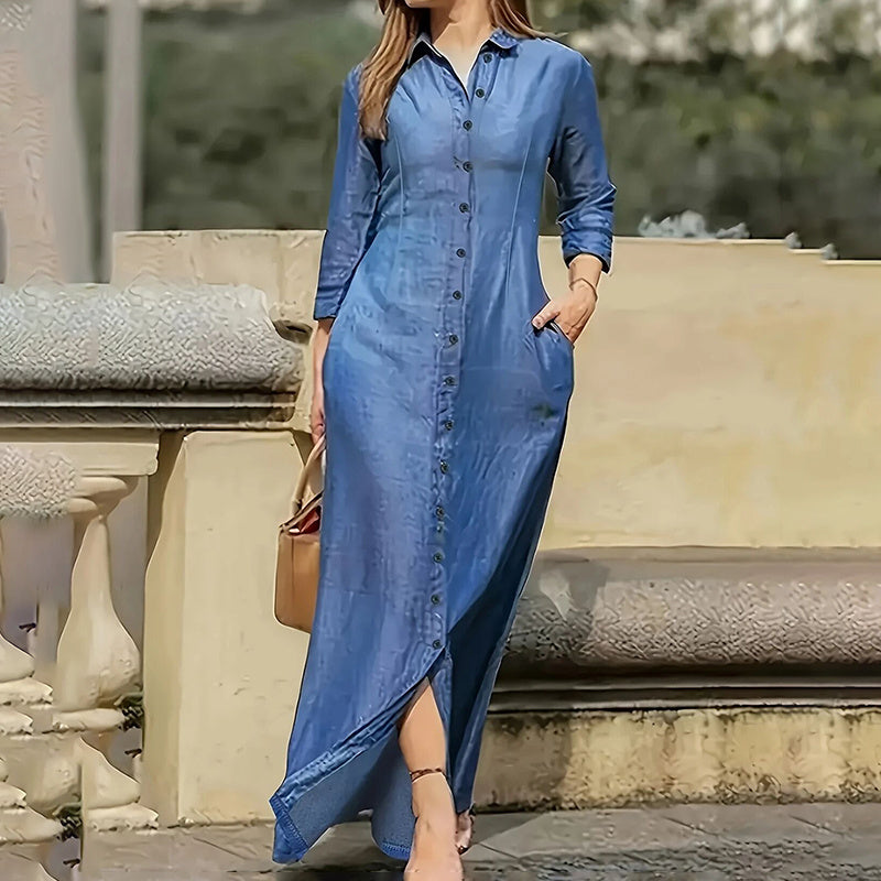 Women's Casual Button Down Denim Maxi Dress