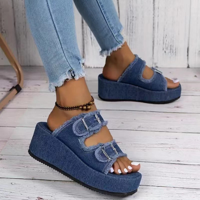 Fashion Denim Buckle Wedges Sandals For Women