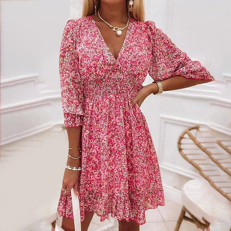 Floral Deep V Neck Smocked Elastic Waist Casual A-Line Swing Mini Dress