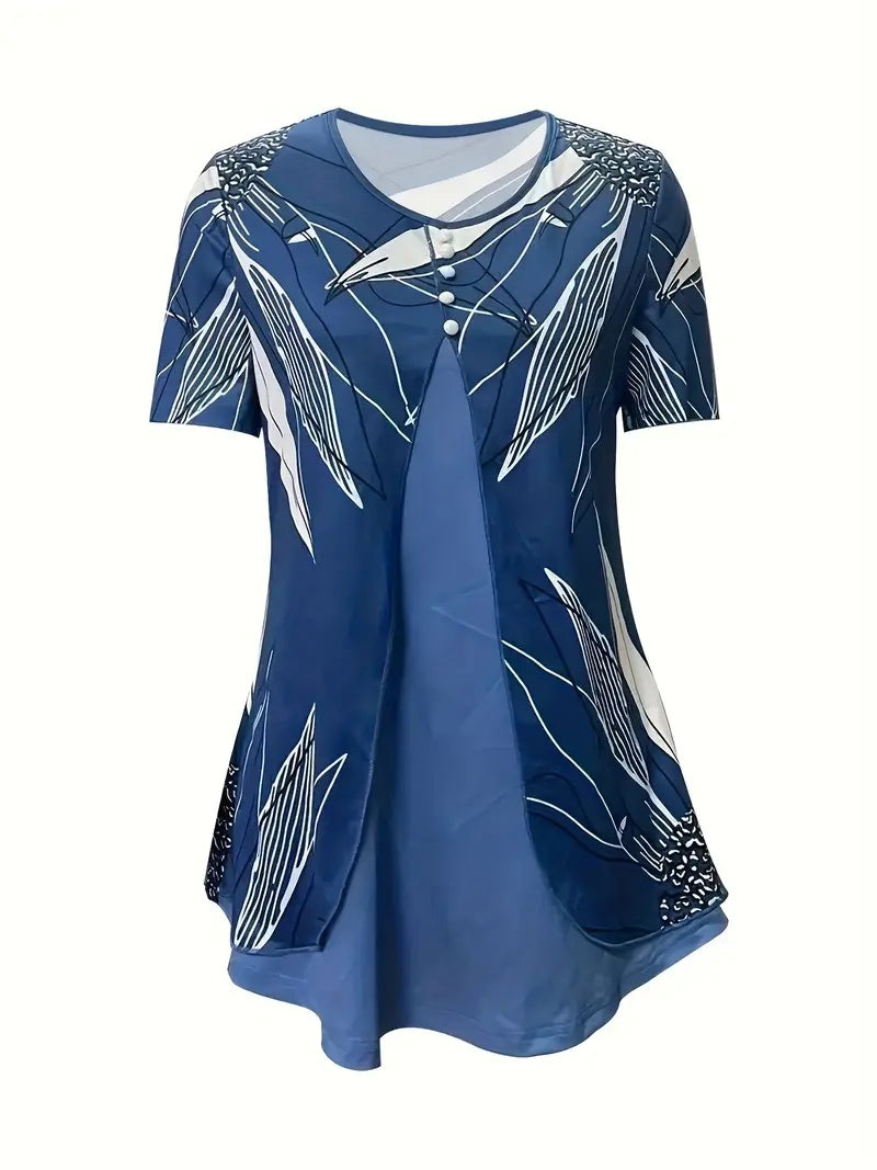 Summer Short-sleeved Printed Fake Two-piece T-shirt V-neck Fashion Spike Top