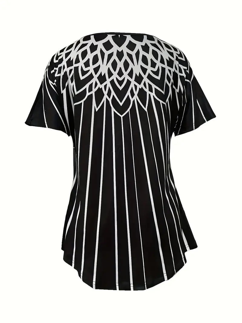 Summer Printed Striped Short-sleeve Square Neckline Casual T-shirt