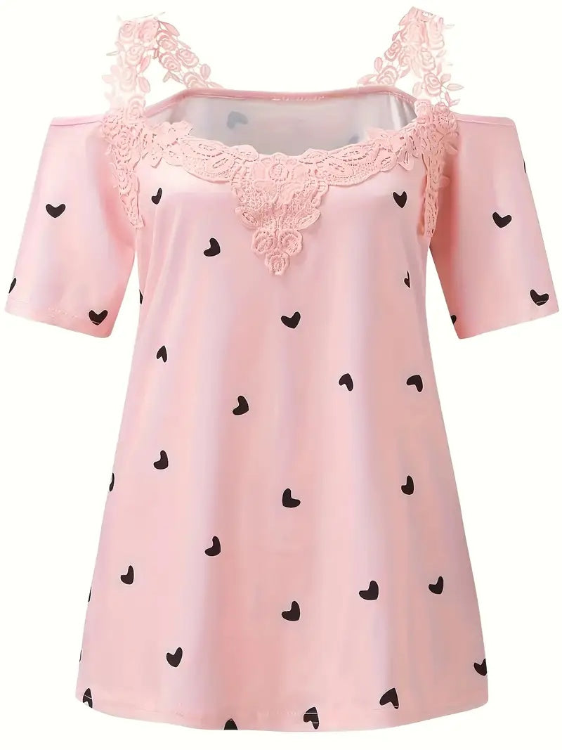 Summer Short-sleeved Lace Heart Print T-shirt Women's Top