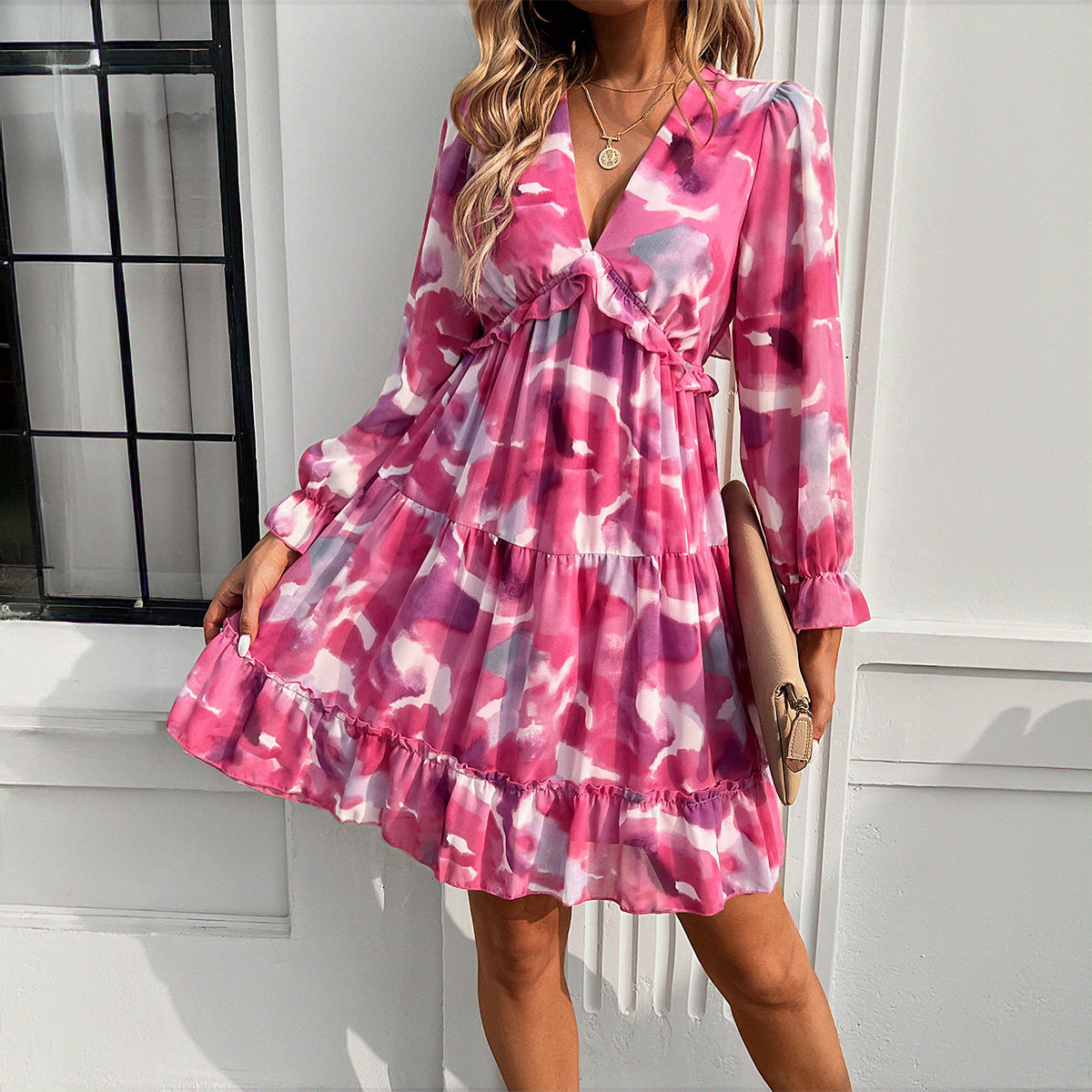 Vacation Style Printed V-neck Long-sleeve Dress