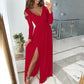 Long-sleeved V-neck Solid Color Hem Dress With Slits