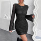 Elegant Black Mesh Sequins Backless Slim Fit Long Sleeve Dress