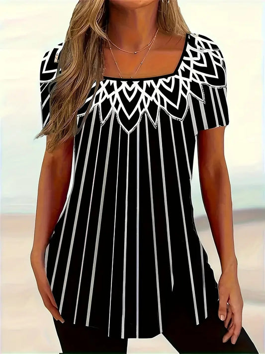 Summer Printed Striped Short-sleeve Square Neckline Casual T-shirt