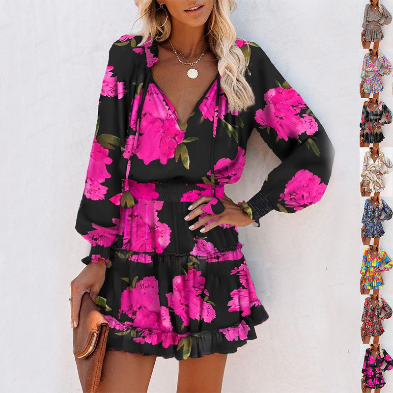 Fashion Patchwork Puff Sleeve Waist Dresses