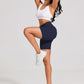 Yoga Pants - Three-Quarter High Waist Seamless Solid Color Dark Blue