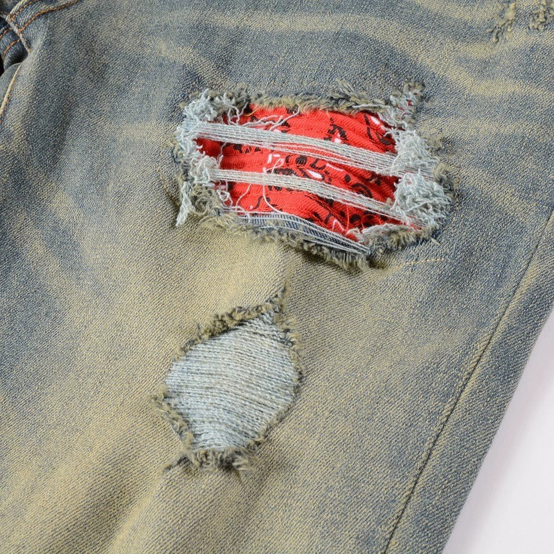 Printed Pleated Elastic Light Colored Jeans For Men