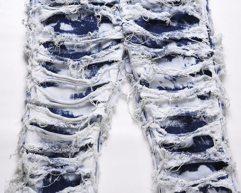 Washed Blue Ripped Zipper Distressed Beggar Pants