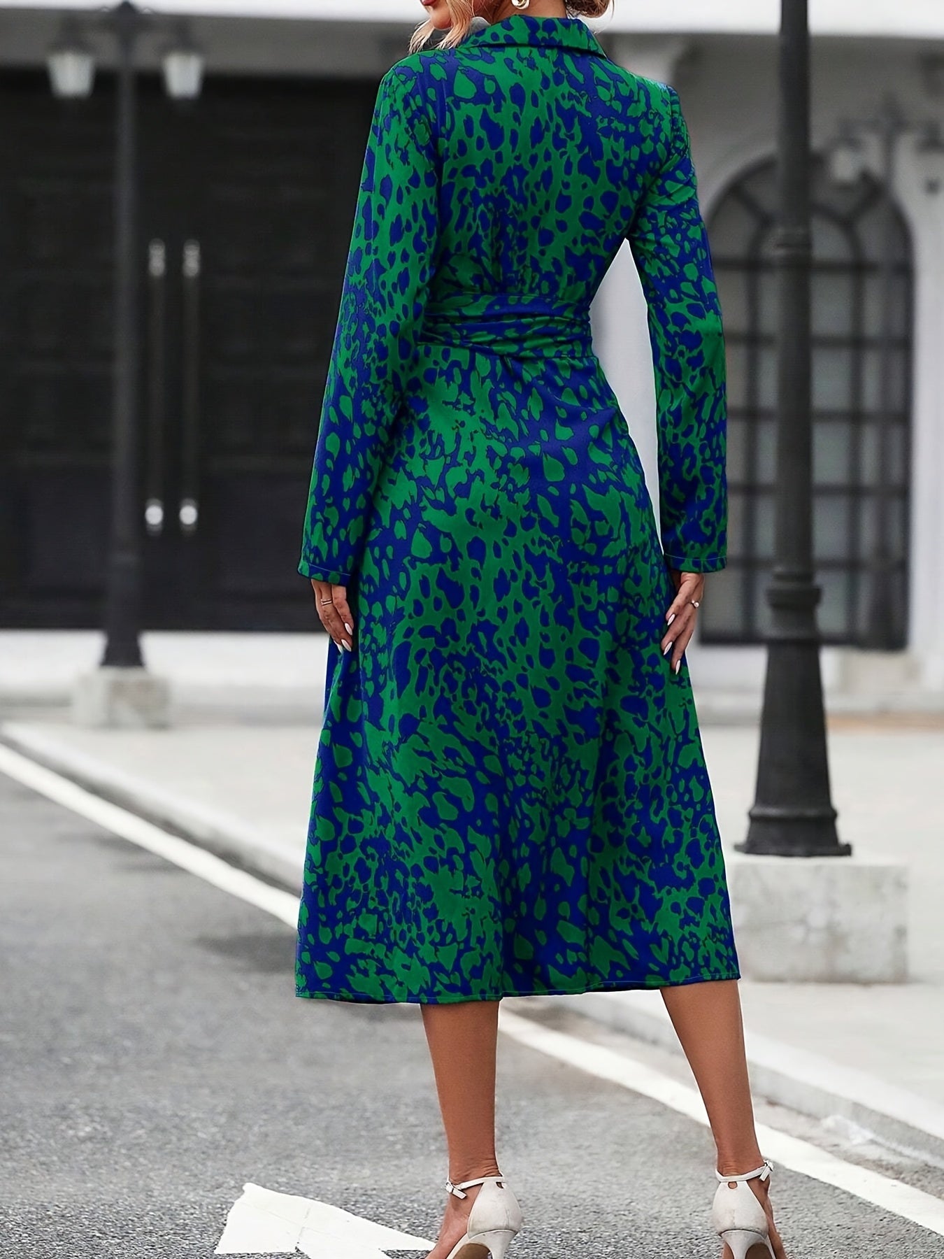 Women's Long-Sleeved All-Over Leopard Print Belted Shirt Dress