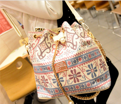 Korean Style Drawstring Handbag Handbag Shoulder Pearl Chain Bucket Bag