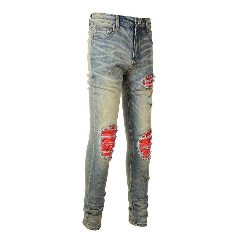Printed Pleated Elastic Light Colored Jeans For Men