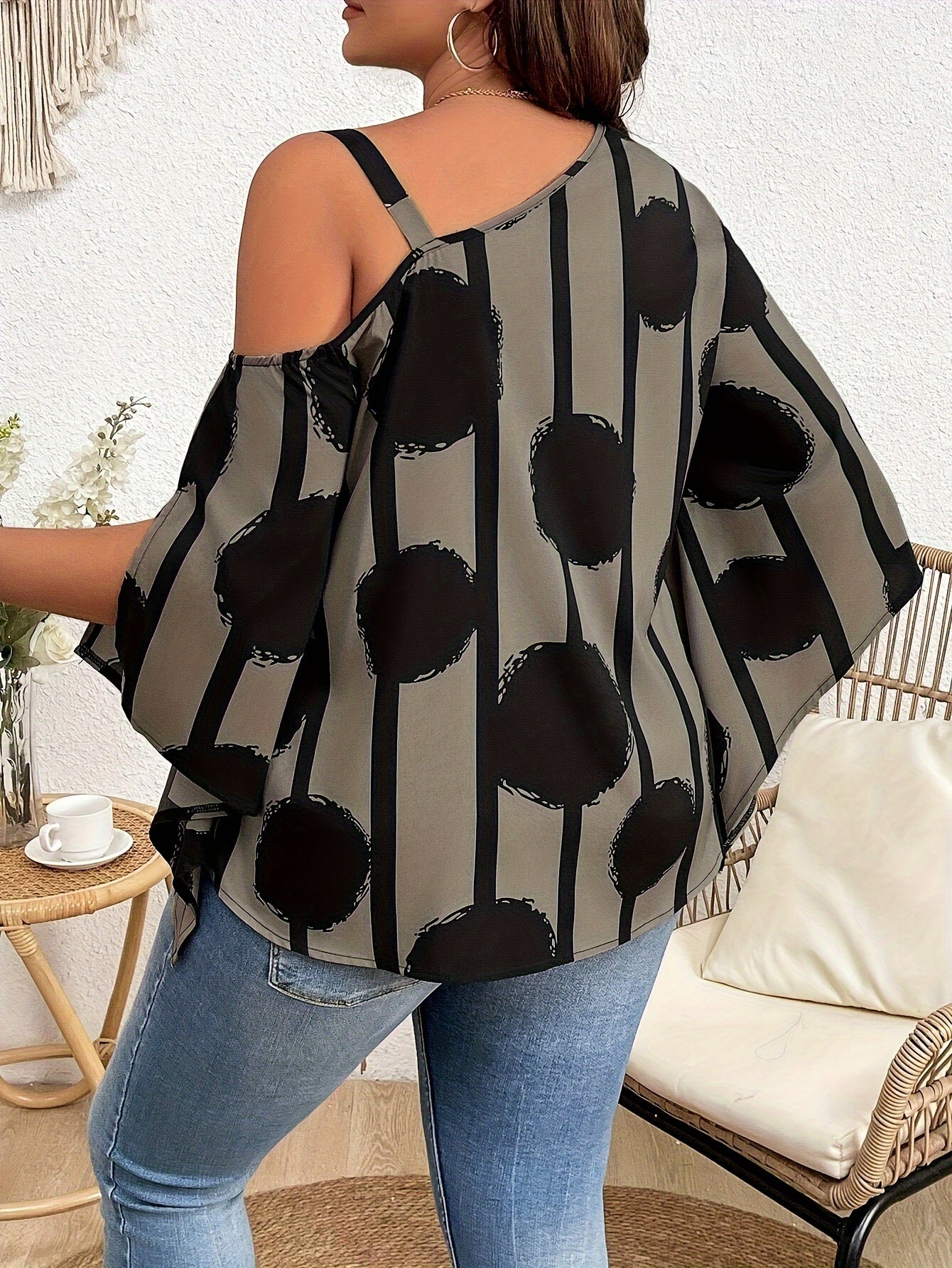 Women's Plus Size Fashion Off-the-Shoulder Charming Chain Three-quarter Sleeve Blouse