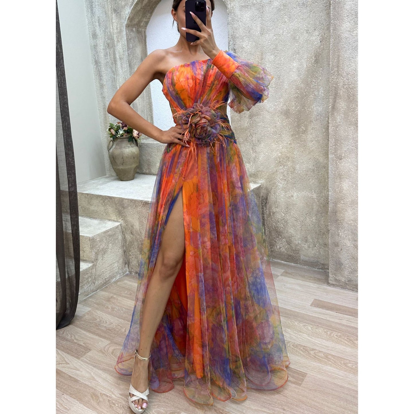Mesh Tie-dye Printed Off-shoulder Slit Dress
