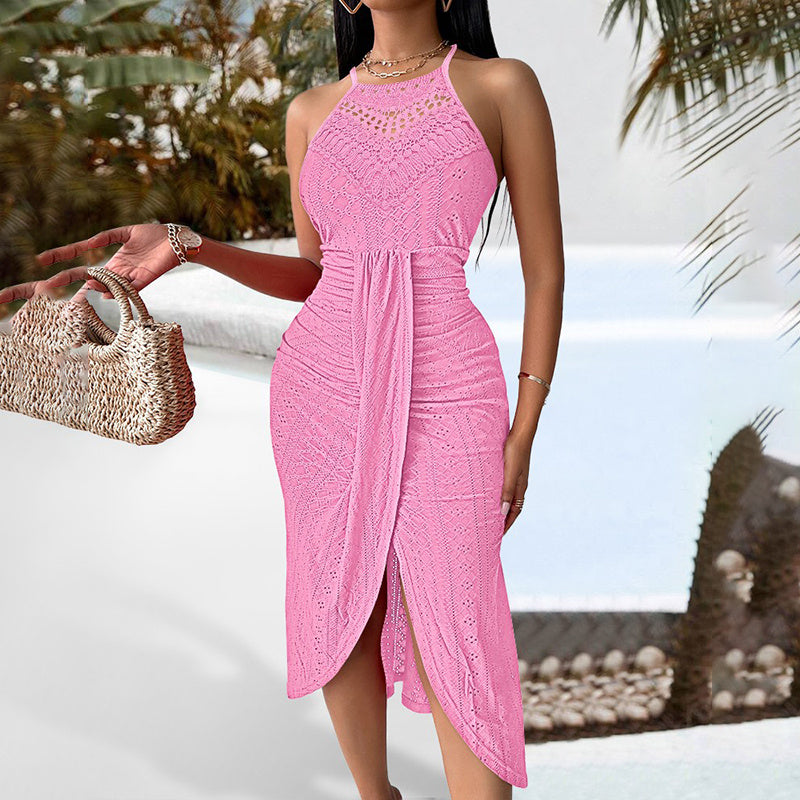 Women's Sexy Halter Neck Ruched Bodycon Midi Dresses