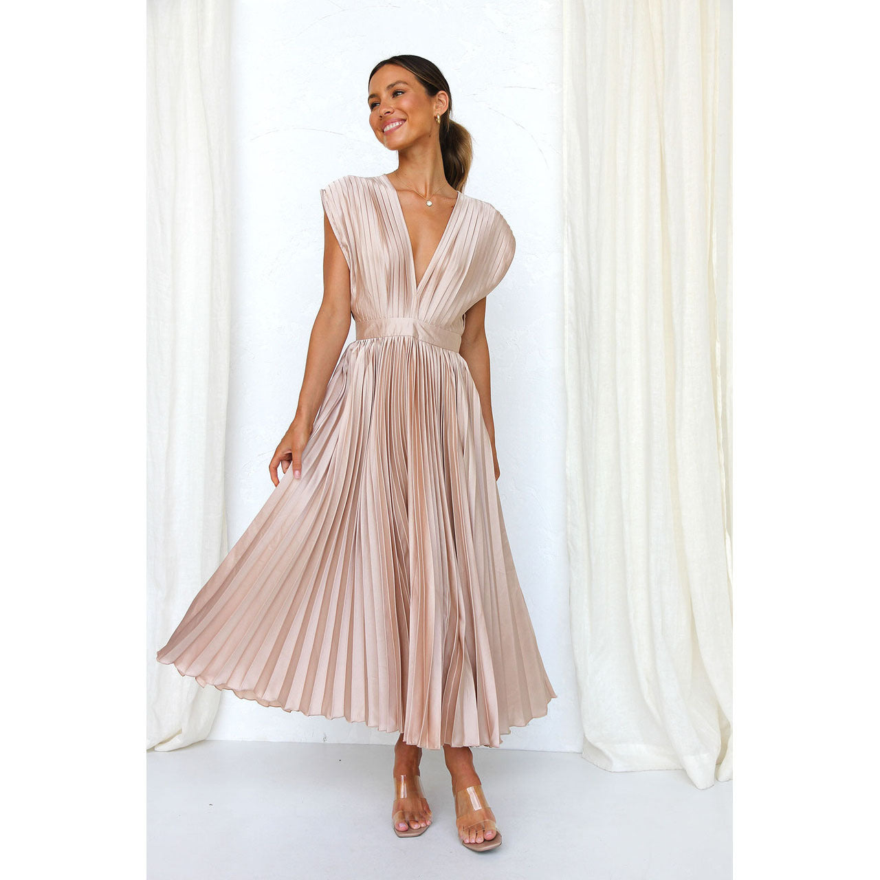 V-neck Pleated Dress