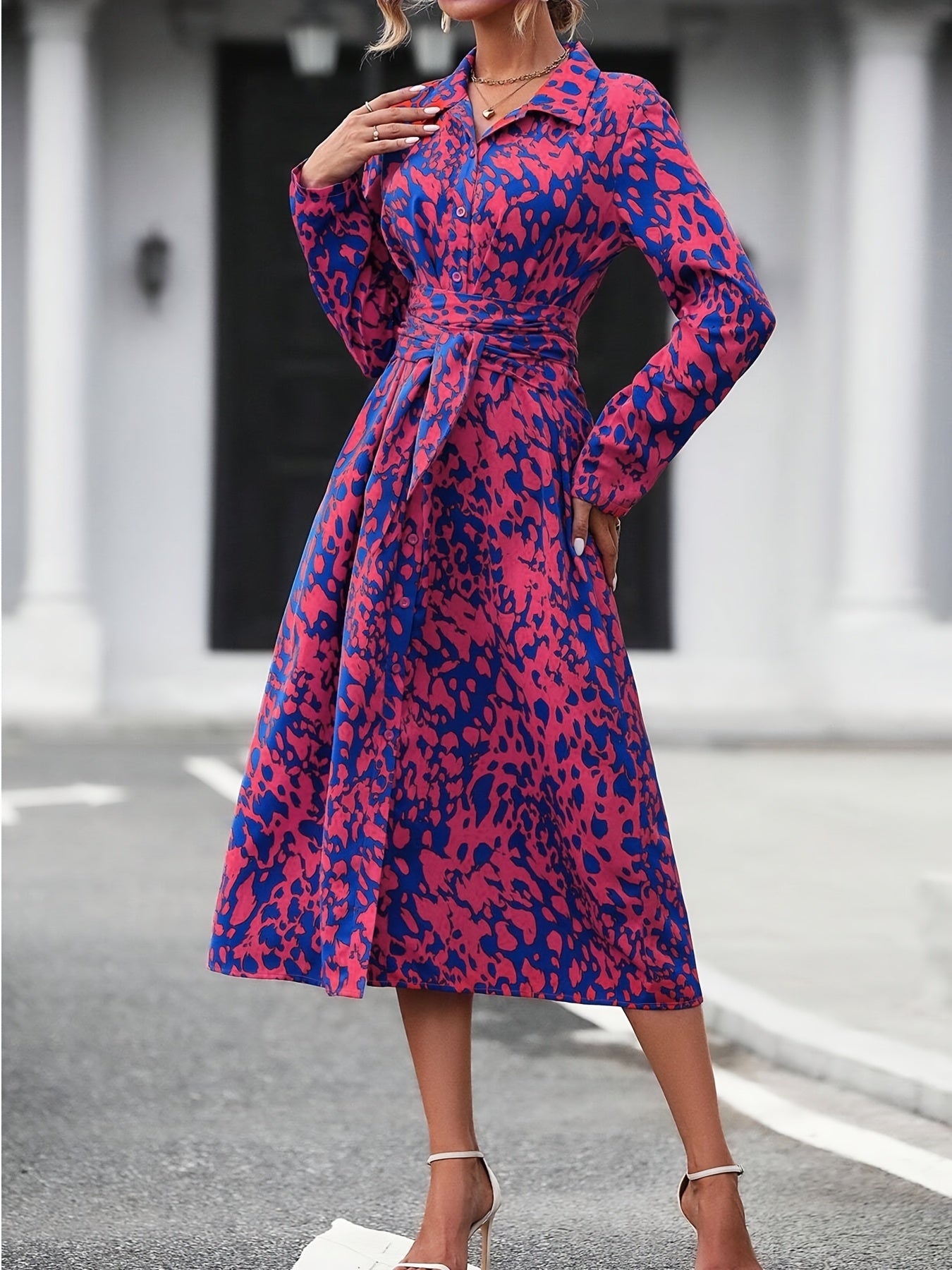 Women's Long-Sleeved All-Over Leopard Print Belted Shirt Dress