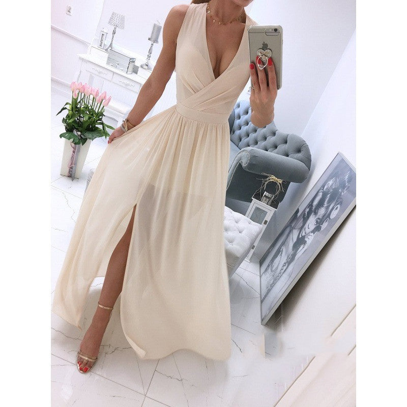 V-neck Front Split Long Dress