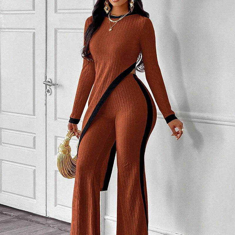 Women's 2 Piece Outfit Sexy Asymmetrical Hem Long Sleeve Top And Wide Leg Pants