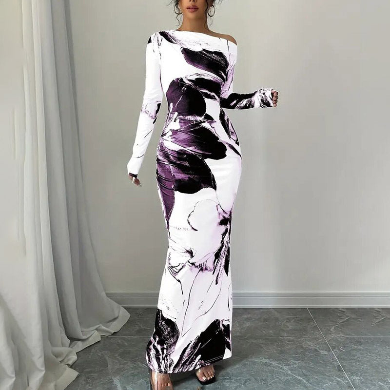 Women's Elegant Off-Shoulder Tie-Dye Floral Bodycon Dress