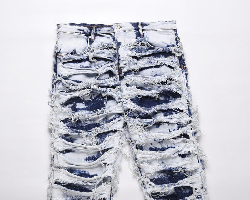 Washed Blue Ripped Zipper Distressed Beggar Pants
