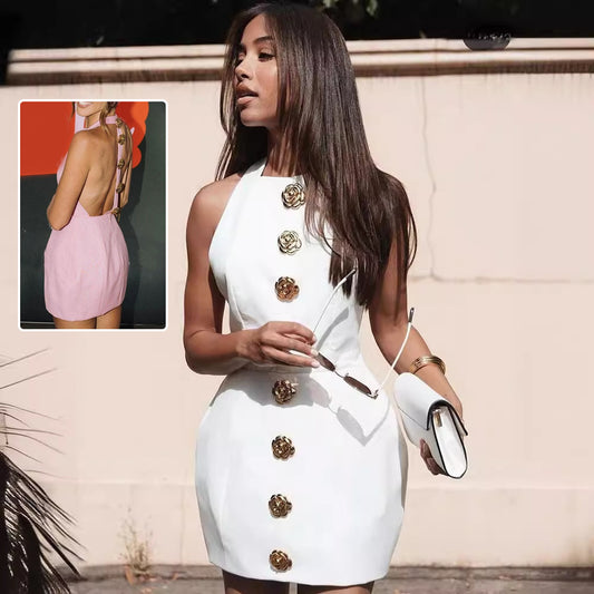 Sweet Sleeveless Backless Dress With Rose Button