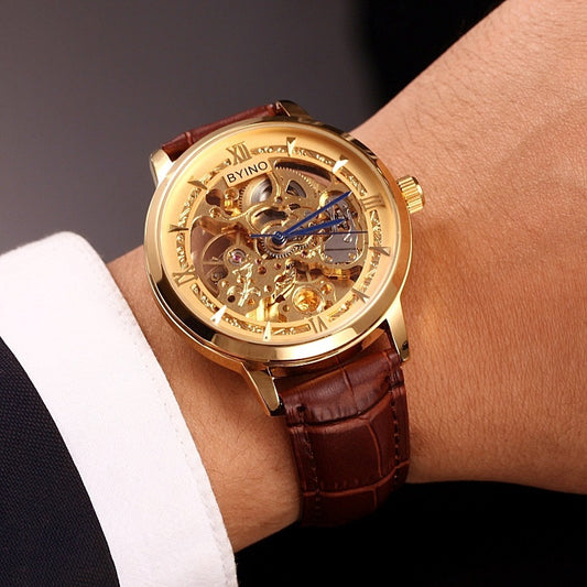 Authentic Mens Casual Leather Hollowing Automatic Mechanical Watch