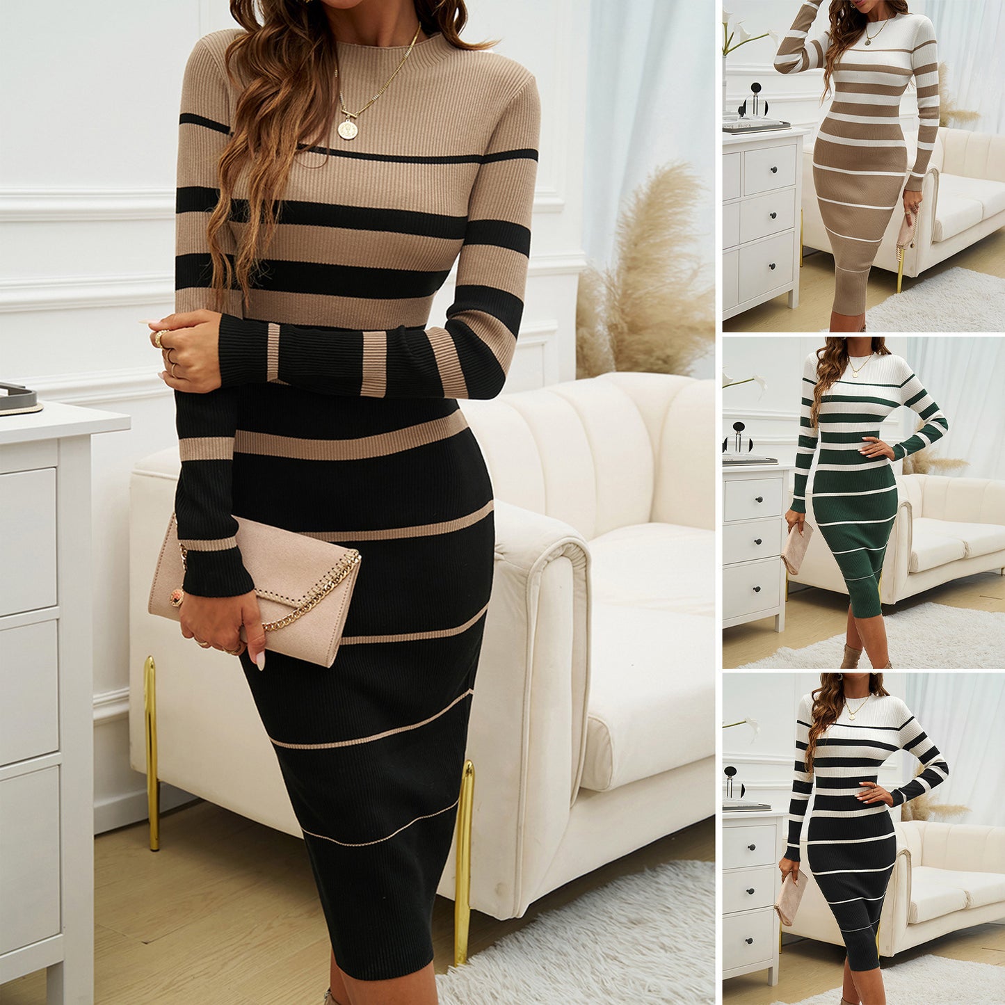 Temperament Slim-fit Contrast Colors Long Sleeve Dress