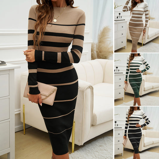 Temperament Slim-fit Contrast Colors Long Sleeve Dress