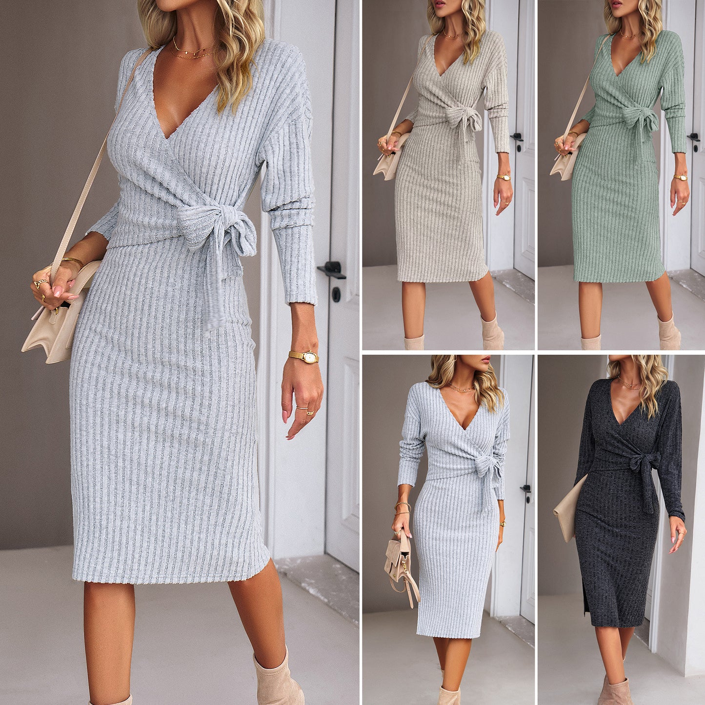 V-neck Long Sleeve Knitted Tied Dress