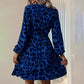 Women's Leopard Print Ruffle Hem Long Sleeve V Neck Belted A Line Dress
