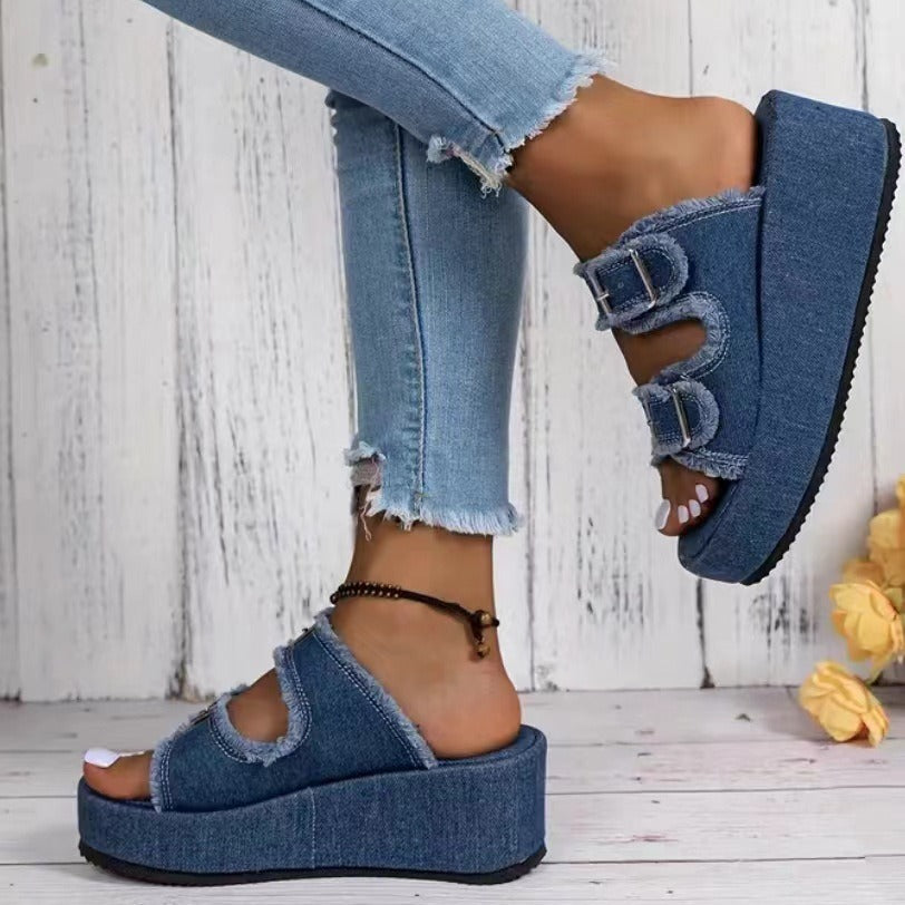 Fashion Denim Buckle Wedges Sandals For Women