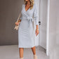 V-neck Long Sleeve Knitted Tied Dress