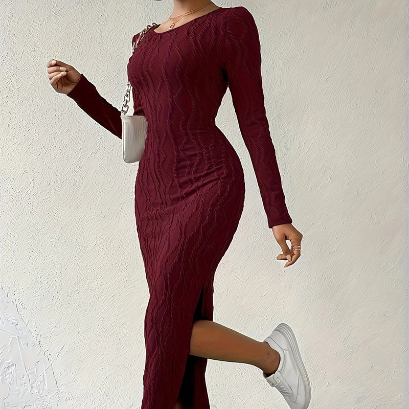Women's Crew Neck Long Sleeve Ribbed Dress