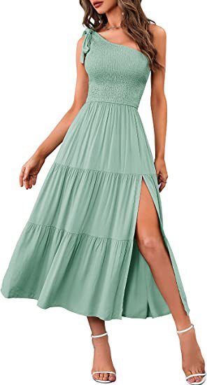 Fashion Women's One-shoulder Pleated Layered Hem Split Dress