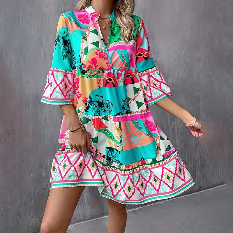 Women's Mini Casual V-Neck Printed Flared Sleeve Pleated Short Beach Dresses
