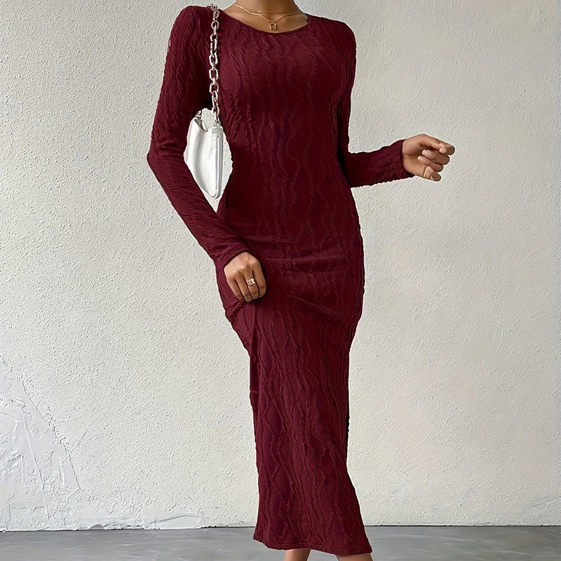 Women's Crew Neck Long Sleeve Ribbed Dress