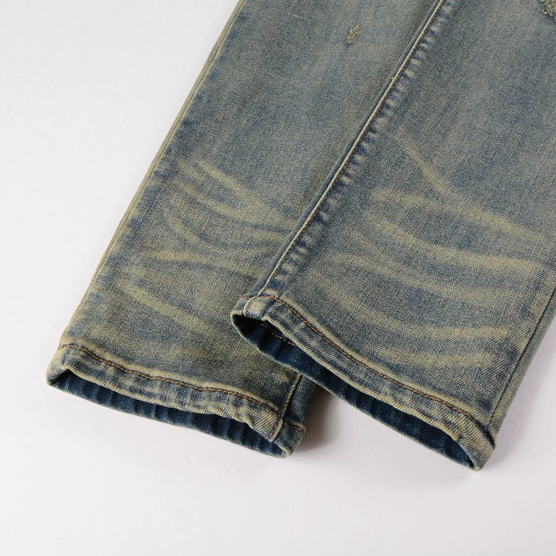 Printed Pleated Elastic Light Colored Jeans For Men
