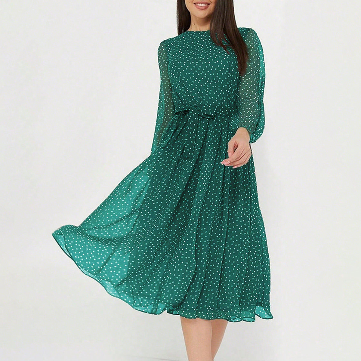 Leisure Vacation Style Polka Dot Long Sleeve Maxi Dress