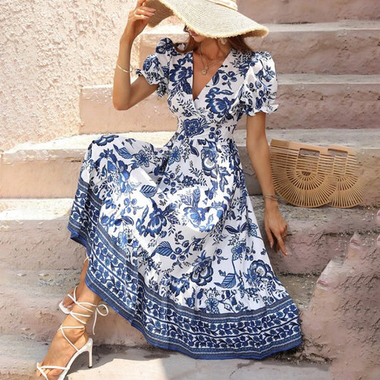 Women Floral Short Puff Sleeve V Neck Bohemian Flowy Smocked Long Dress