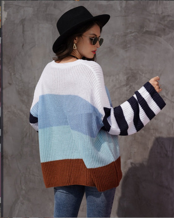 Women's Color Stitching Knit Pullover Loose Sweater