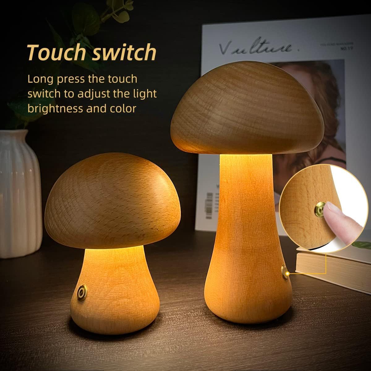 Wooden Cute Mushroom LED Night Light With Touch