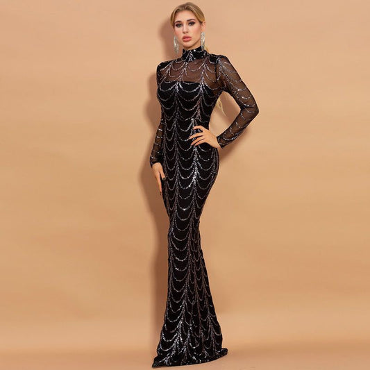 Sequins Women Maxi Dresses Long Sleeve