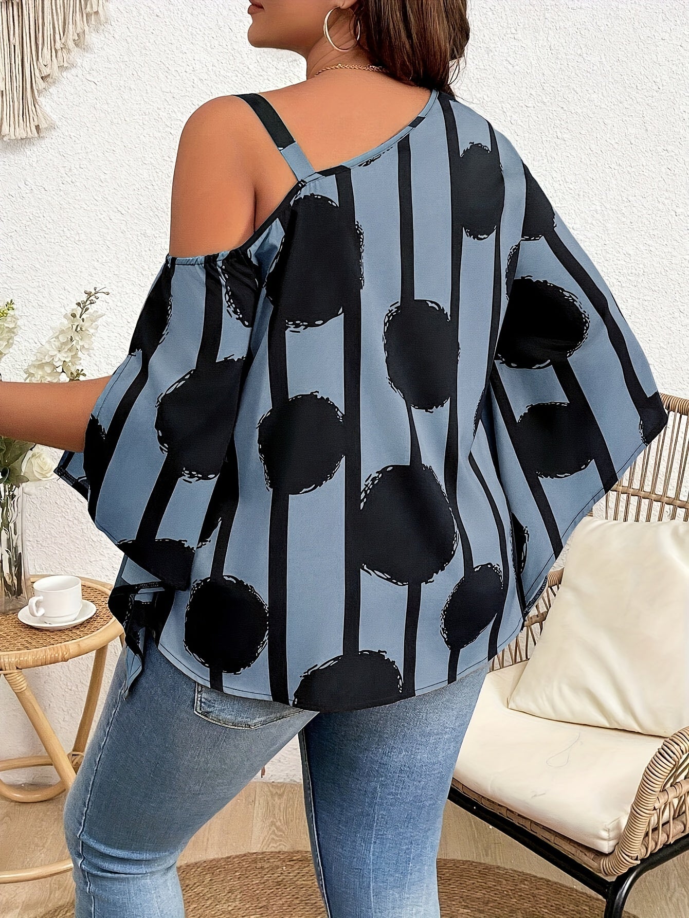 Women's Plus Size Fashion Off-the-Shoulder Charming Chain Three-quarter Sleeve Blouse