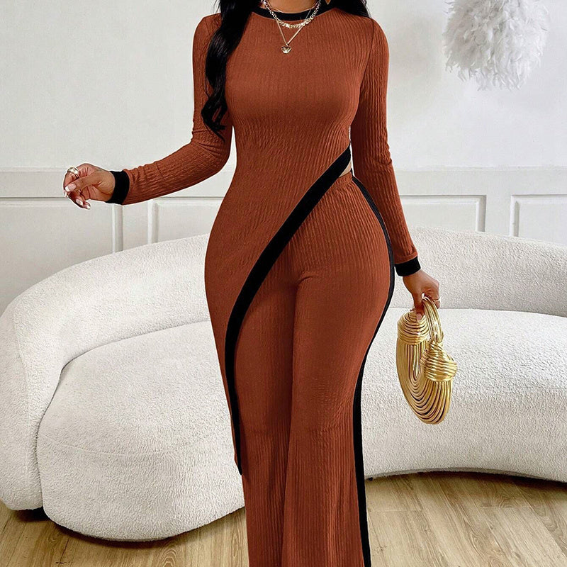 Women's 2 Piece Outfit Sexy Asymmetrical Hem Long Sleeve Top And Wide Leg Pants